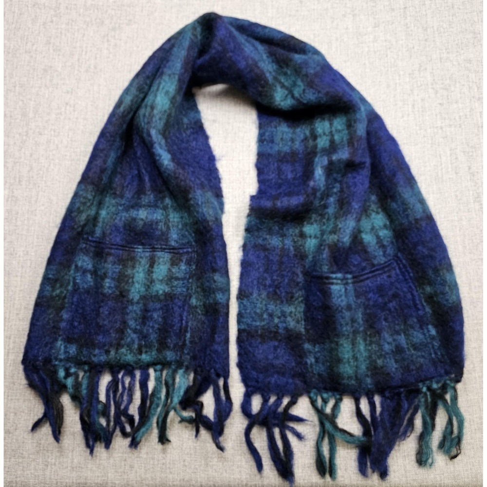 Creagaran Scarf Womens One Size Blue Plaid Mohair Wool Fringe Pockets Scotland